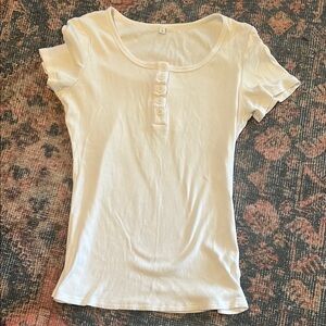 White Ribbed Button Henley Top